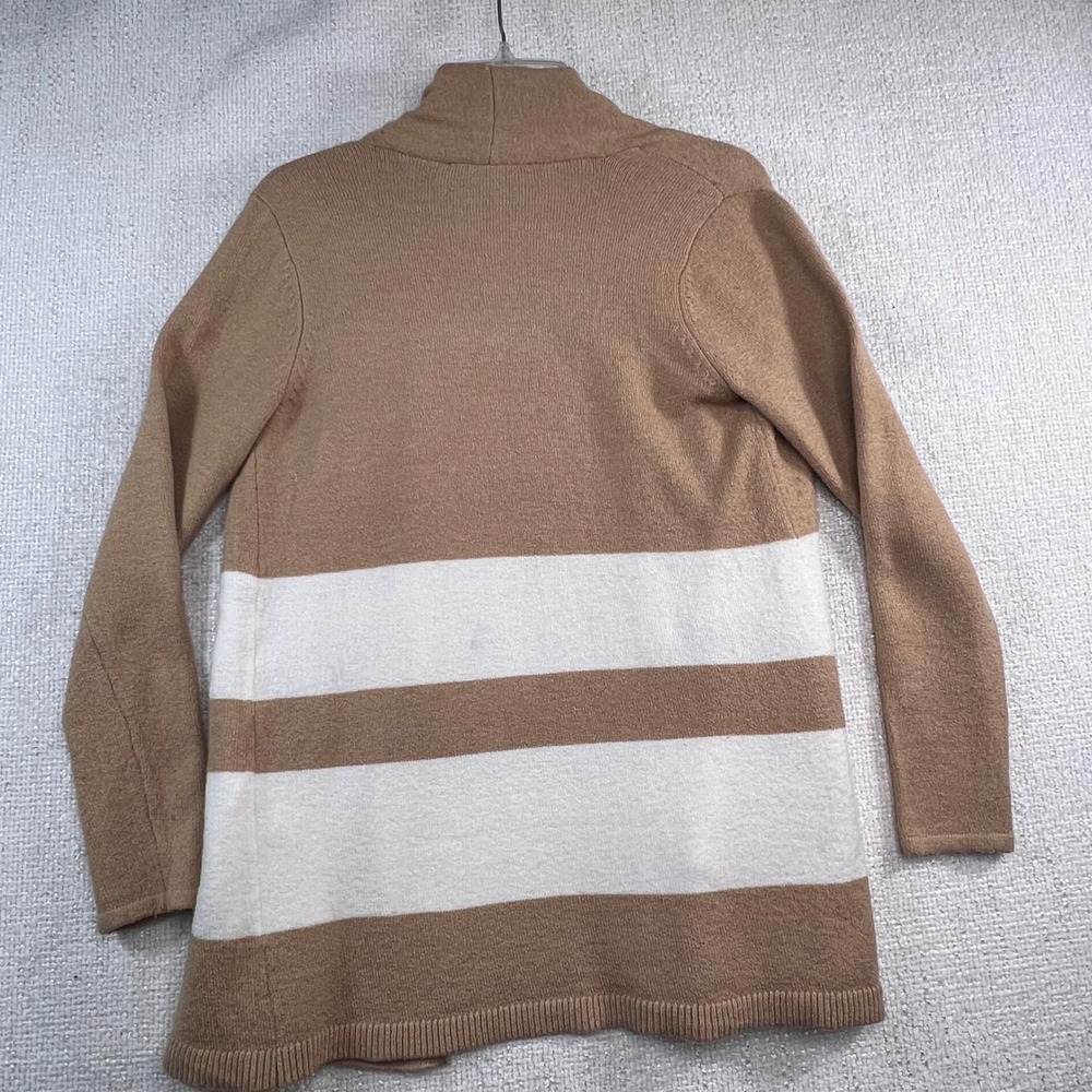 LOFT Womens Striped Open Front Cardigan Sweater Brown White Pocket Wool Blend XS - Picture 10 of 10